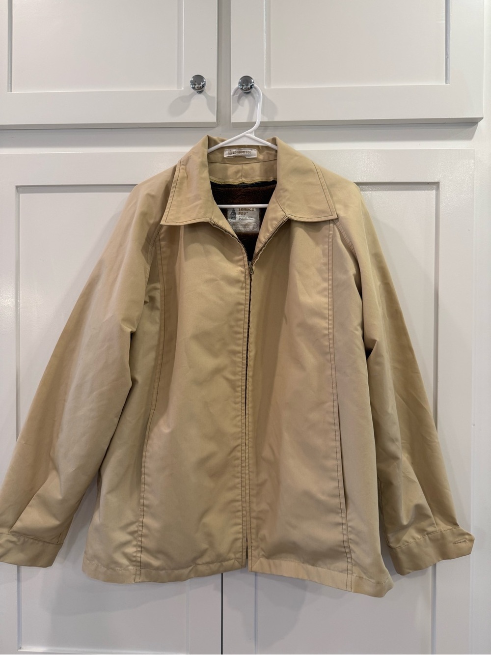 Vintage London Fog 44 Long Tan Zip Jacket Removable Faux Fur Liner USA Classic